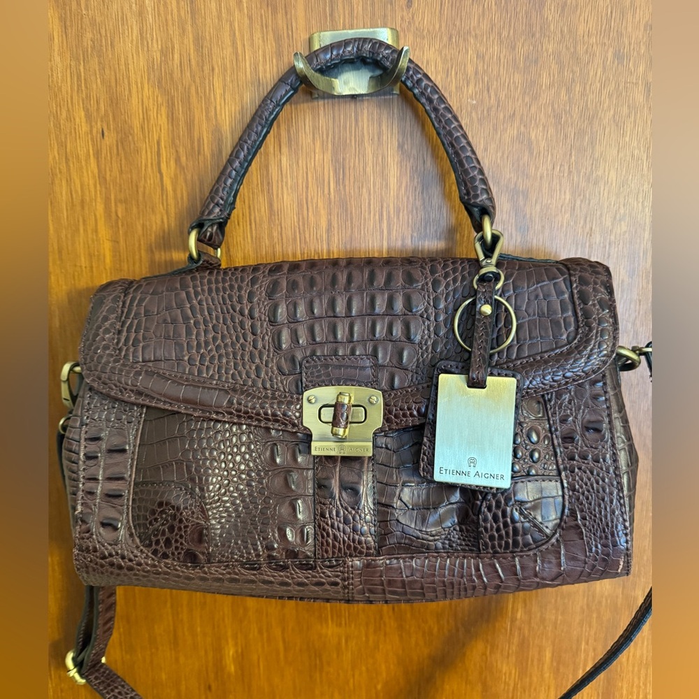 Vintage Etienne Aigner Dark Brown Crocodile Satchel W/Removable Crossbody Strap